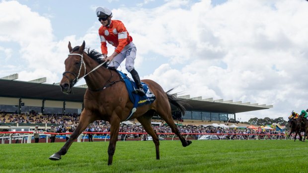 Home in a canter: James McDonald rides Who Shot Thebarman to victory in the 2015 Zipping Classic.