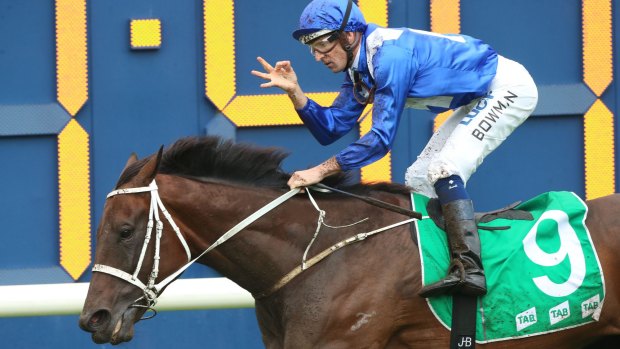Jockey Hugh Bowman rides Winx to win race 7, The Chipping Norton Stakes, during Sydney Racing at Royal Randwick racecourse. 