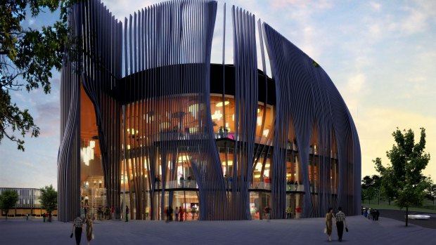 An artist's impression of what a new 2000-seat theatre for Canberra could look like, by Williams Ross Architects and Farzin Lofti-Jam. The project is still in its very early stages but Labor will continue with it if re-elected.