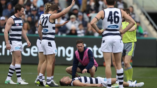 Knockout blow: Joel Selwood after his collision with Fremantle's Hayden Ballantyne.