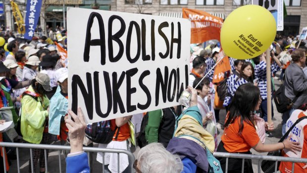 People participate in an anti-nuclear rally in Union Square in New York on Sunday. 2015 marks the 70th anniversary of the US using nuclear bombs on Hiroshima and Nagasaki in Japan.