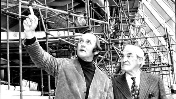 Artist John Olsen with Davis Hughes, who was NSW minister for public works in the 1965 Askin government, during a visit to the Sydney Opera House.