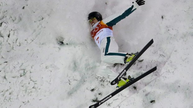 Deflated: Laura Peel of Australia crashes during the women's freestyle aerial final.