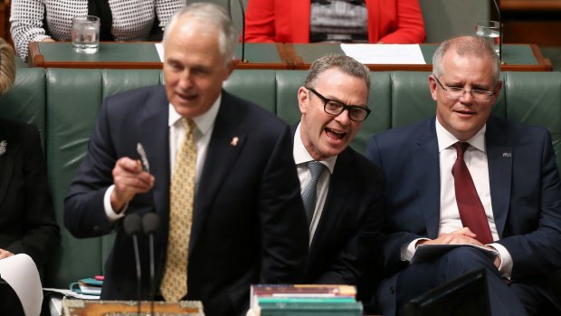 Prime Minister Malcolm Turnbull, Minister for Industry, Innovation and Science Christopher Pyne and Treasurer Scott Morrison during question time on Wednesday. 