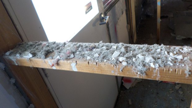 Loose fill asbestos found in wall cavity at the first Mr Fluffy demolition in Wanniassa. 