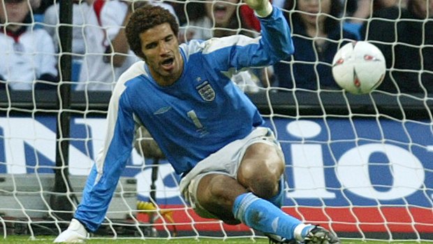 David James guards the goal for England against Japan in 2004.