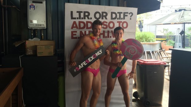 Stevie Mac and Cameron Bennet don pink speedos to promote the Big Gay Day, HIV Foundation Queensland and the End HIV campaign.
