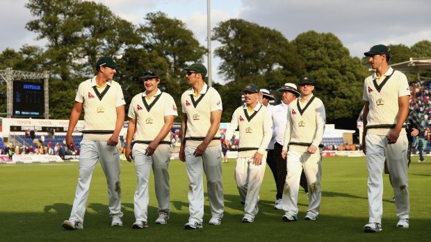 Australia's players leave the arena at Cardiff's Swalec Stadium (nee Sophia Gardens) after day one of the first Ashes Test against England.