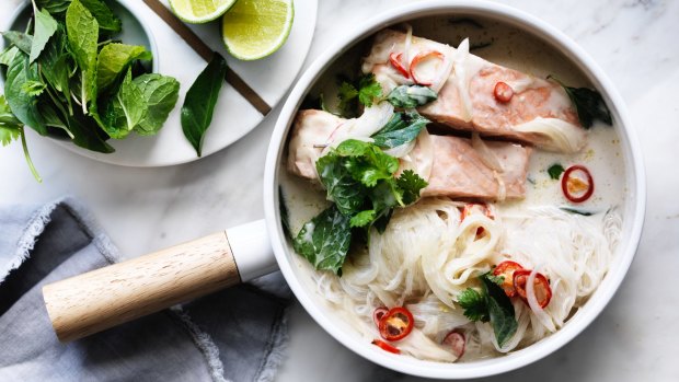 Salmon with coconut, glass noodles and herbs 