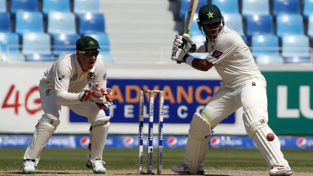 Pakistani batsman Misbah Ul-Haq winds up on a scorching day two.