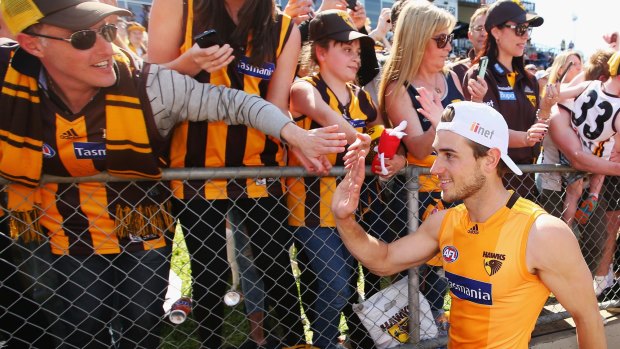 Ryan Schoenmakers greeted by fans at training at Waverley Park on Thursday.