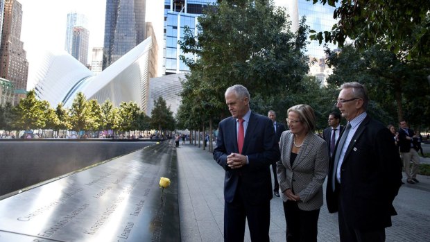 Prime Minister Malcolm Turnbull and Lucy Turnbull visit the 9/11 Memorial in New York on Saturday.