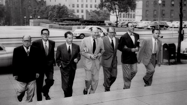 From left, Hollywood figures Samuel Ornitz, Ring Lardner Jr., Albert Maltz, Alvah Bessie, Lester Cole, Herbert Biberman and Edward Dmytryk arriving at the U.S. Federal Court in Washington in 1950 to face charges of contempt for defiance of the House Committee on Un-American Activities.