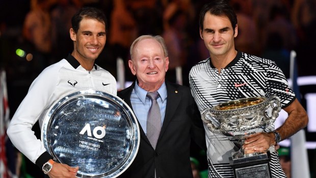 Rafael Nadal and Roger Federer with tennis great Rod Laver at the Australian Open this year.