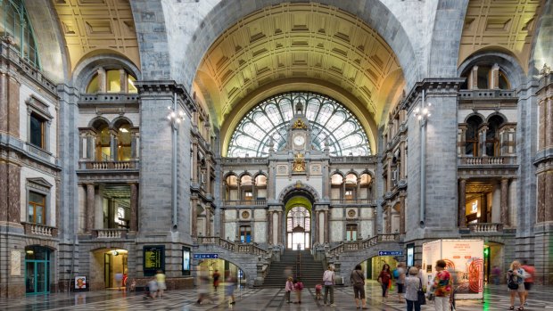 Famous Art Deco interior of central hall Antwerp main station.