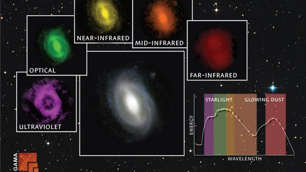 A galaxy from the GAMA survey observed at different wavelengths from the far ultraviolet to the far infrared. The inset graph shows how much energy is being generated at the different wavelengths.