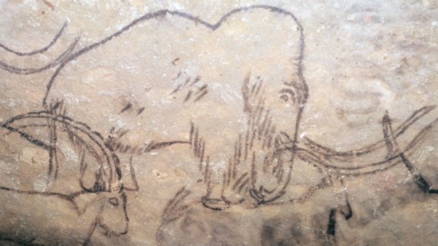 Neolithic cave-painting of mammoth and ibexes, from the ceiling of the Rouffignac Cave in Dordogne.