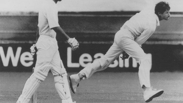 New Zealand's Richard Hadlee in action during his man of the match performance in the opening Australia-New Zealand Test at the Gabba in 1985.