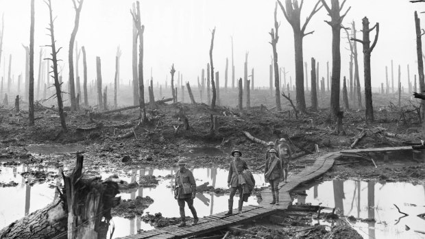 This photo by Frank Hurley shows soldiers of the 4th Division, to which the Hunter brothers belonged, at Chateau Wood in 1917.