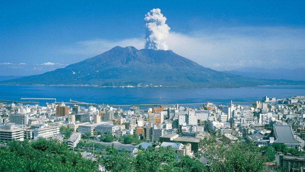 View of Sakurajima volcano from Shiroyama Hill in Kagoshima.