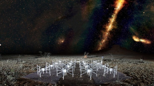 A 'radio colour' view of the sky taken from the GLEAM survey above a section of the Murchison Widefield Array radio telescope, located in outback Western Australia. 