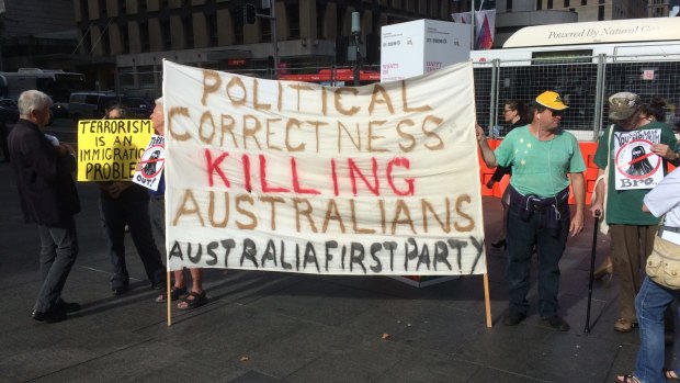 Anti-Islamic protesters from the Australia First Party demonstrated in Martin Place, metres away from the Lindt cafe.