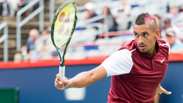 Nick Kyrgios returns the ball to Fernando Verdasco during day two of the Rogers Cup.