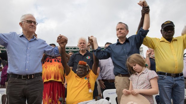 Malcolm Turnbull and Bill Shorten at the Garma Festival. Pearson says Turnbull is 'frozen' on Indigenous issues.