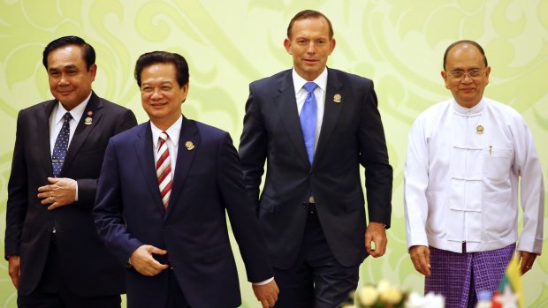 Jobs not climate: Prime Minister Tony Abbott on Thursday at ASEAN, with leaders from Thailand, Vietnam and Myanmar. 