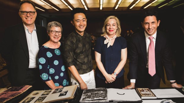 New National Library ambassadors Garth Nix, Benjamin Law, and Kaz Cooke, with the library's director general Dr Marie-Louise Ayres (second from left), and council chair Ryan Stokes (far right).