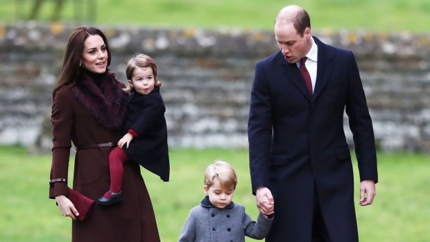 Prince William and Kate, the Duchess of Cambridge with their children Prince George and Princess Charlotte arrive to attend the morning Christmas Day service at St Mark's Church in Englefield last year.