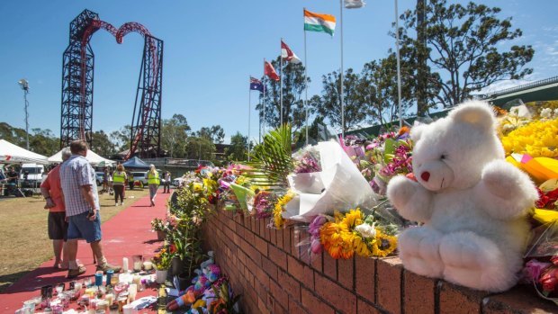 Flower tributes to the four victims at Dreamworld.