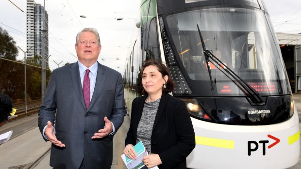 Former US vice-president Al Gore and Victorian Energy Minister Lily D'Ambrosio talk battery storage and green energy in Melbourne.