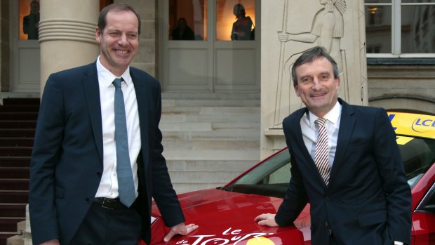 D&#252;sseldorf mayor Thomas Geisel (right) and Tour de France director Christian Prudhomme during the presentation of the Tour de France 2017 start stage in Paris on Thursday.