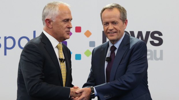 Prime Minister Malcolm Turnbull and Opposition Leader Bill Shorten shake hands at the Facebook debate.