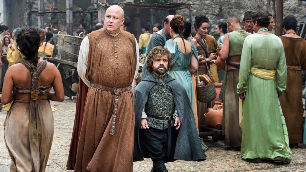 Varys (Conleth Hill) and Tyrion (Peter Dinklage) stroll through Mereen as they consider how to protect the city from rebels and help Daenerys take the Iron Throne.