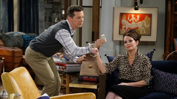 Sean Hayes as Jack McFarland with  Megan Mullally's Karen Walker in the seson 1 opener  <i>11 Years Later</i>. 