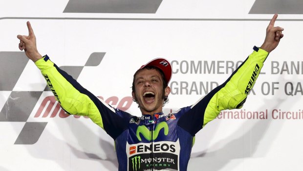 Yamaha MotoGP rider Valentino Rossi celebrates his win.