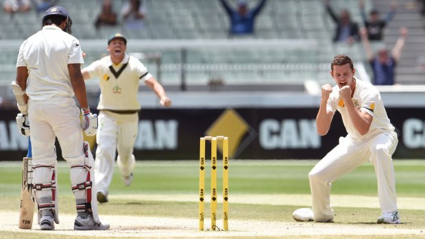Out of time: Josh Hazlewood celebrates after dismissing Murali Vijay on the final day at the MCG, but Australia ran out of time to dismiss India and win the third Test.