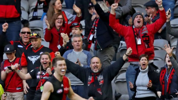 Bombers away:  Essendon supporters celebrate as the final siren sounds on their second win of season 2016.