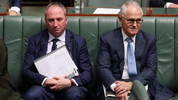 Then deputy prime minister Barnaby Joyce and Prime Minister Malcolm Turnbull during question time at Parliament House.