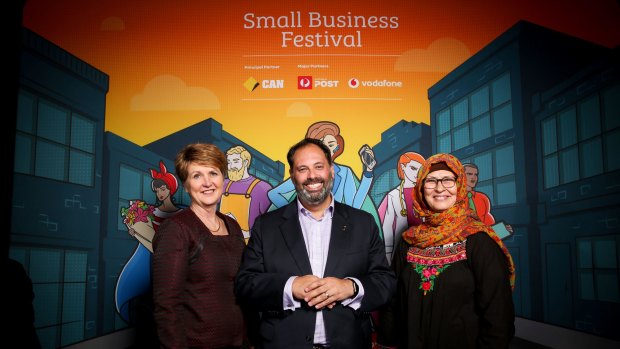 Sonya Davies, Philip Dalidakis and Alia Sultana at the launch of the Victorian Small Business Festival.