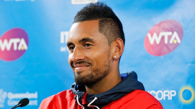 Relaxed: Nick Kyrgios speaks to media at the Brisbane International on New Year's Day.