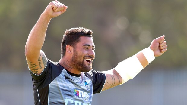 Happy campers:  Andrew Fifita jokes around during Cronulla's training session at Remondis Stadium on Monday.