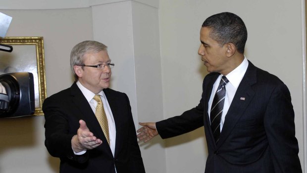 Kevin Rudd meets Barack Obama at the White House in 2009.
