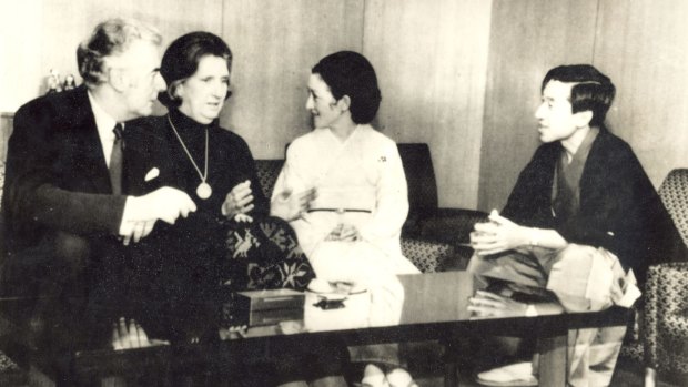 Then crown prince Akihito and his wife Michiko meet Gough and Margaret Whitlam at Togu Palace in Tokyo  in October 1973.