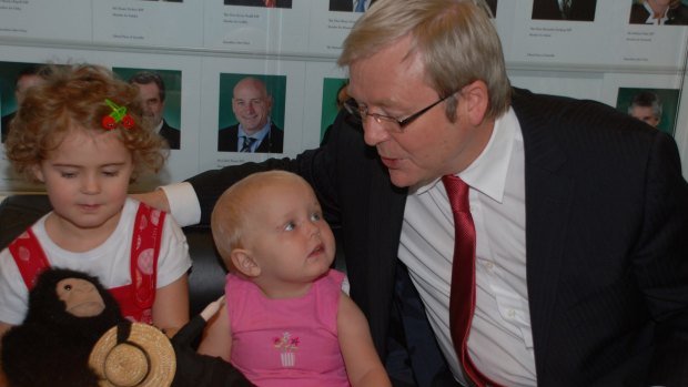 Cordelia (centre) and sister Octavia met Prime Minister Kevin Rudd in Canberra in 2008. The PM was making an announcement on funding for the Australian Organ Donor Register.