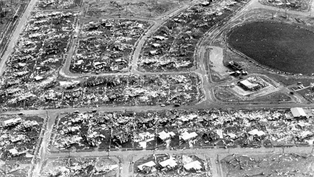 Aerial view of Darwin showing damage from the 1974 cyclone.