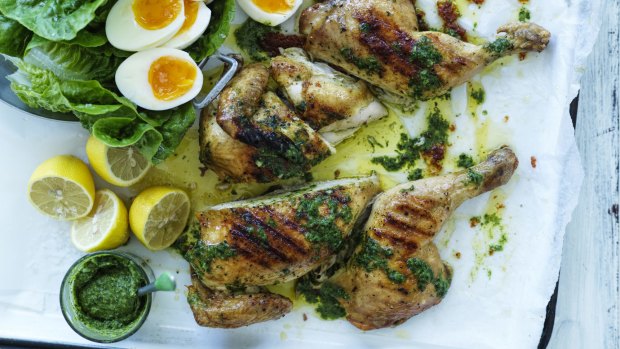 Barbecued chicken and eggs with herb butter.