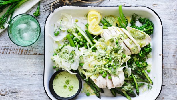 Jill Dupleix's steamed chicken with asparagus and fennel.